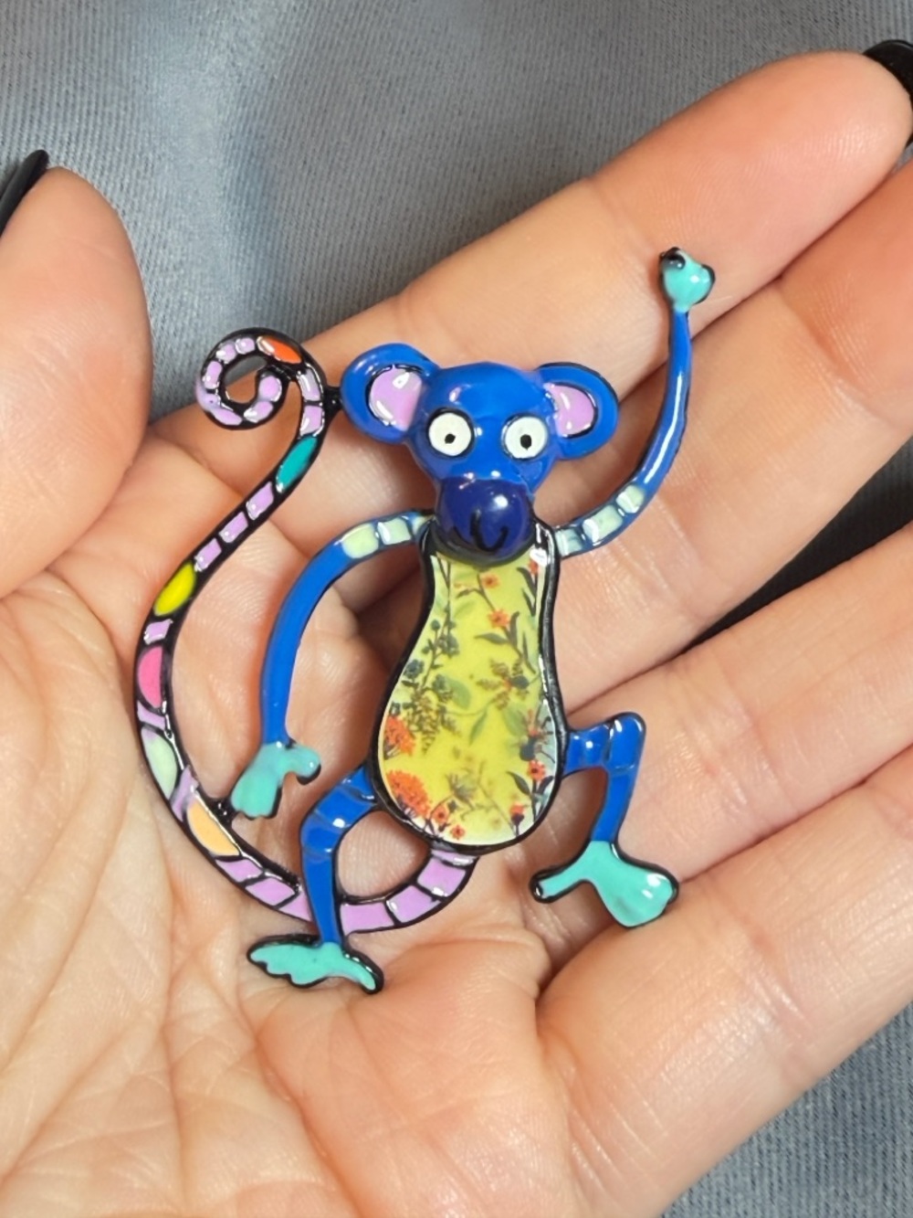 Monkey Brooch Colorful Hand Painted Look Blue Pink Enamel 2.5"